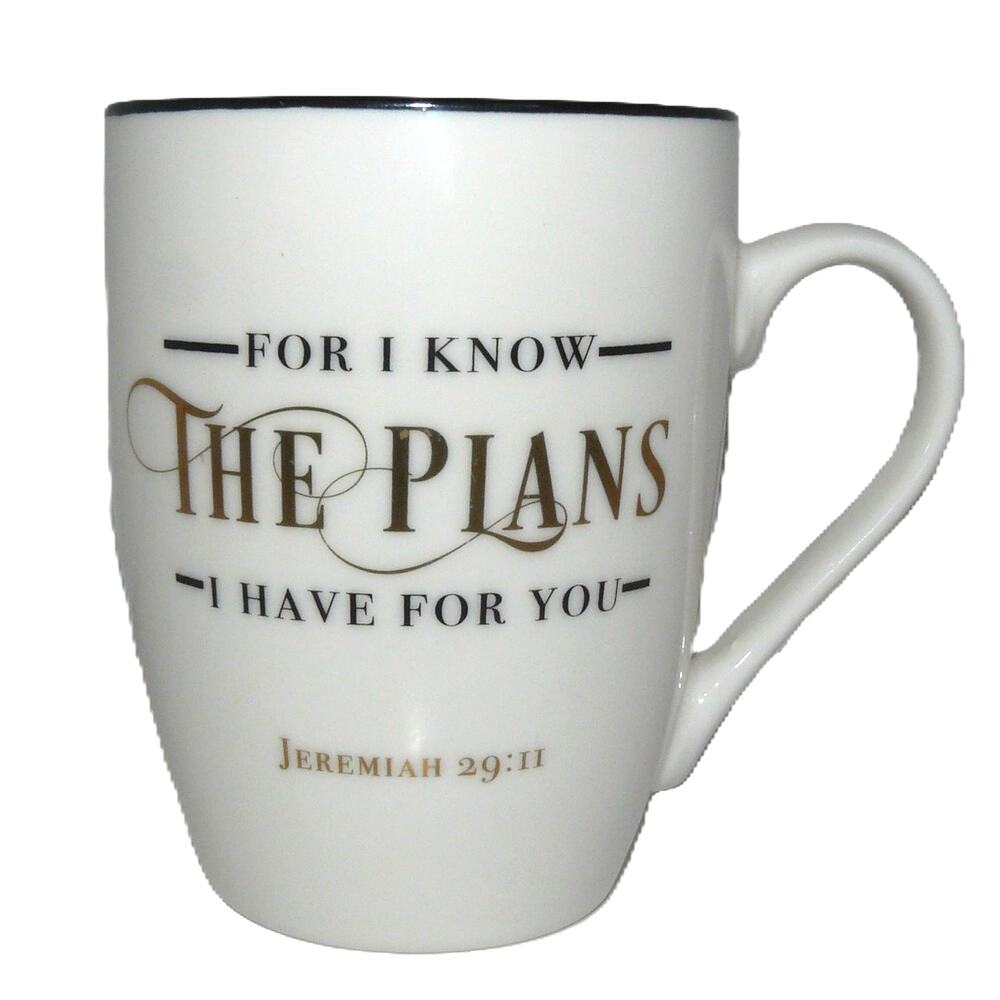 I Know The Plans Jer 29:11 White Ceramic Mug Black Gold Trim Inspirational Cup